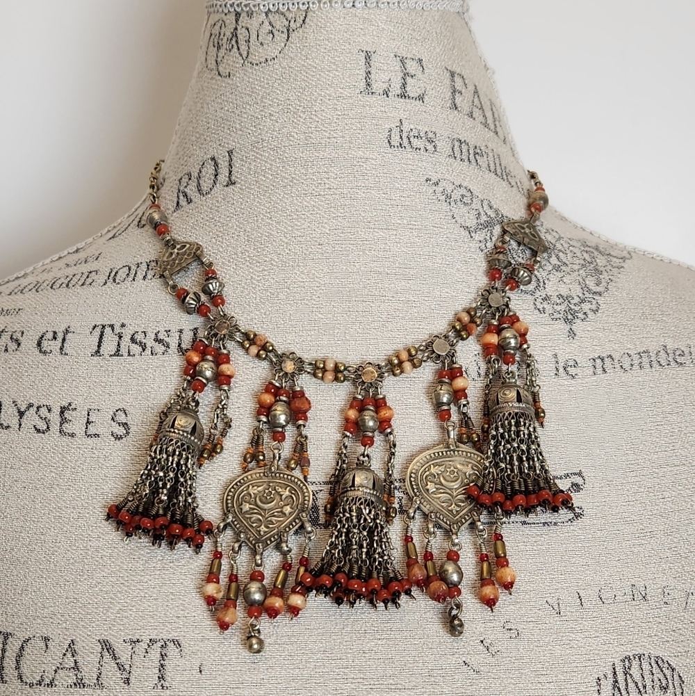 Tribal Yemen Silver Coral Bead Necklace